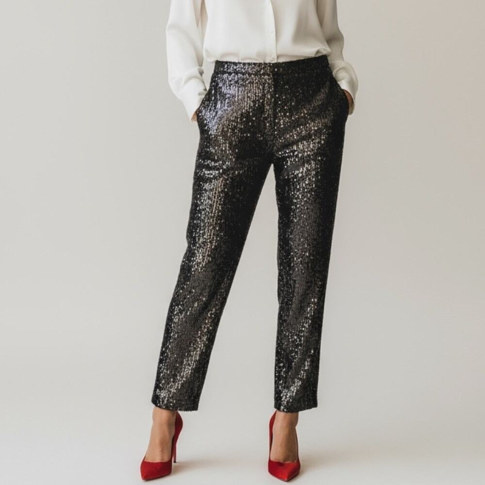 LOFT Black Sequin Trousers Straight Leg Size 6 Holiday Glam Excellent Condition